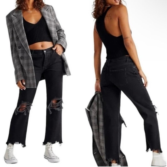 Free People Women's Maggie Straight Leg Jeans Black Mid Rise Distressed Sz 29 - Picture 2 of 16